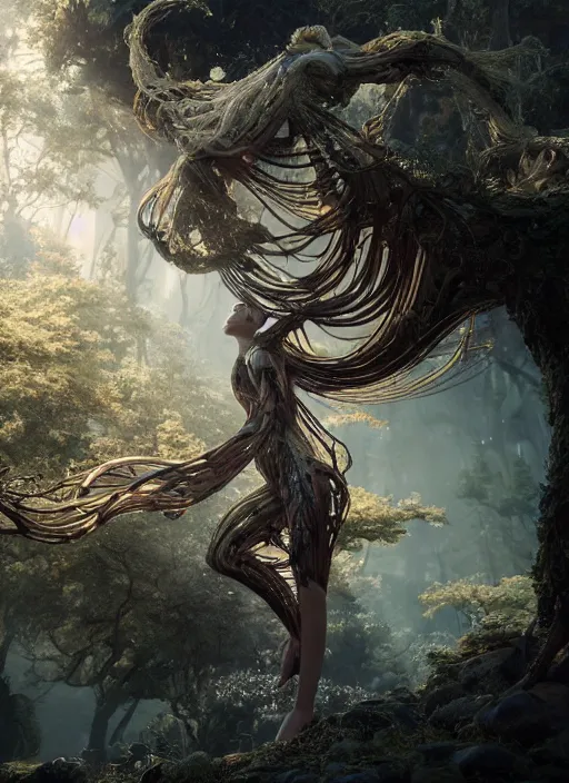 Prompt: stunning biomechanical incredible hair, masterpiece crystalline incrustations, hyperdetailed face, elegant pose, movie still, intricate, octane render, cinematic forest lighting, cgsociety, unreal engine, crepuscular rays, god rays