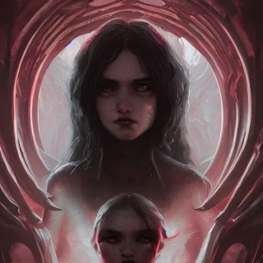 Image similar to a demon girl at the gates of hell, flawless symmetrical pretty cute face, greg rutkowski, 8 k, shallow depth of field, intricate detail, concept art,