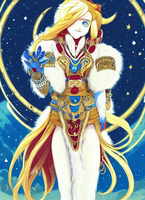 Prompt: commissioned full body portrait of a female anthro wolf princess fursona with white fur and long red hair hair wearing a blue and gold Japanese armored dress in a white and gold palace on a starry night with a large crescent moon, by a professional manga illustrator, by Kilian Eng, by Sandra Chevrier, trending on artstation