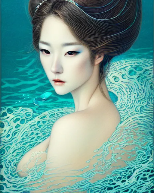 Prompt: portrait of a beautiful lady of the ocean, graceful beauty, ocean aesthetics, head in focus, intricate, elegant, painterly, artstation, artistic, concept art, hasselbrad photography, sharp focus, illustrative, art style by chie yoshii