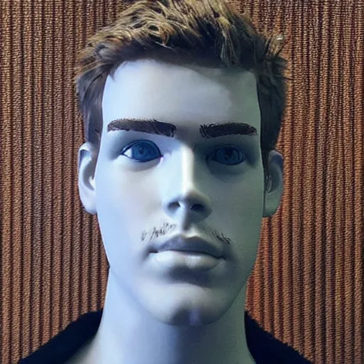 Image similar to “a realistic detailed photo of a guy who is an attractive humanoid who is half robot and half humanoid, who is a male android, actor Liam Hemsworth, shiny skin, posing like a statue, blank stare, at the museum, on display”