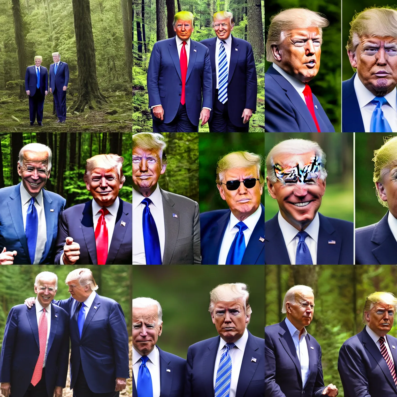 Prompt: Joe Biden and Donald Trump taking a group photo in a forest while smoking weed, hyper realistic, 4k