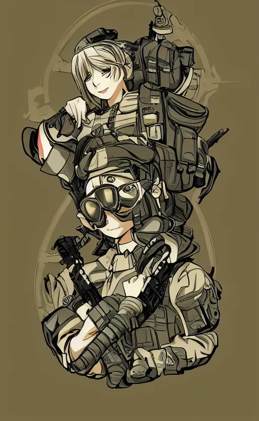 Prompt: shoulder patch design, soldier girl, anime style, clean logo design, military flight squadron insignia, no text, soldier clothing, realistic military gear, 70mm, inspired by famous brands, made in photoshop, no background, vector line art, by girls frontline concept artist, intricate, realistic human anatomy, meme culture, highly detailed, high resolution, for printing, contrast colors, realistic weapon, realistic military carrier