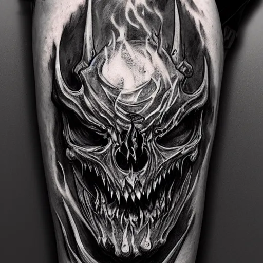 Image similar to diablo lord of terror, engulfed in flames, detailed greyscale tattoo by Dmitriy Tkach