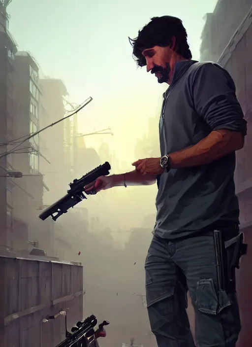 Image similar to highly detailed portrait justin trudeau in street gang attire holding ar - 1 5! in gta v stephen bliss unreal engine fantasy art by greg rutkowski loish rhads ferdinand knab makoto shinkai lois van baarle ilya kuvshinov rossdraws tom bagshaw global illumination radiant light detailed intricate environment