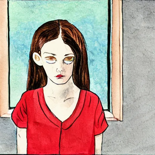 Prompt: rear view of a dark haired young girl and her reflection in a mirror, shocked expression, hand over mouth, 1990s bedroom, children's book illustration, watercolor, line drawing