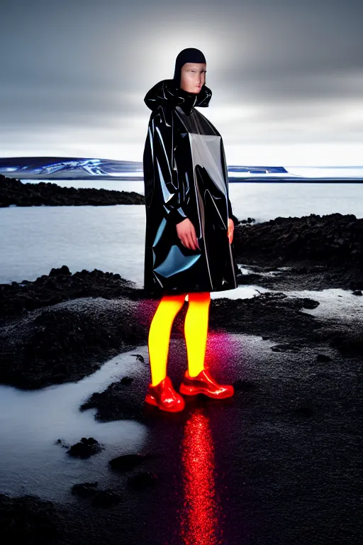 Image similar to an ultra high definition professional high fashion portrait studio full length photograph of a model wearing a transparent pearlescent raincoat and neon visor in an icelandic black rock environment at dawn. no artefacts. extremely detailed. stark. refraction. shallow depth of field. volumetric light and shadow. ray tracing. light rays.