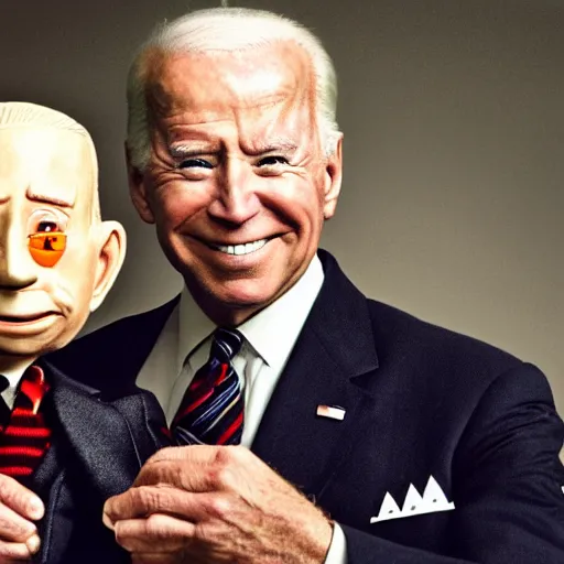 Image similar to UHD candid color photo of (Klaus Schwab in Nazi uniform) holding a (Joe Biden ventriloquist dummy), accurate faces, UHD, photorealistic, correct face, photo by Annie Leibowitz