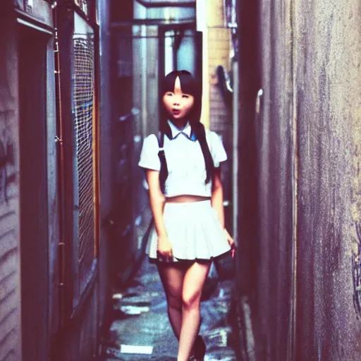 Image similar to 2000s perfect 8K HD professional photo of close-up japanese schoolgirl posing in sci-fi dystopian alleyway, at instagram, Behance, Adobe Lightroom, with instagram filters, depth of field, taken with polaroid kodak portra