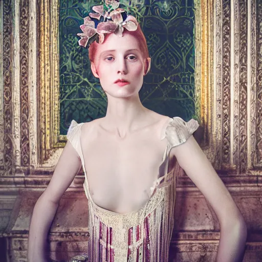 Image similar to long shot kodak portra 4 0 0, 8 k, volumetric lighting, highly detailed, britt marling style 3 / 4 fine art portrait photography in style of paolo roversi, orchid, 3 d render 1 5 0 mm lens, art nouveau fashion royal, art nouveau temple in background, elegant hyperrealistic ultra detailed, 8 k