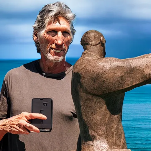 Image similar to roger waters takes selfie with eastern island statue, realistic, hdr, clear image, hdd, dynamic lighting, rtx on,