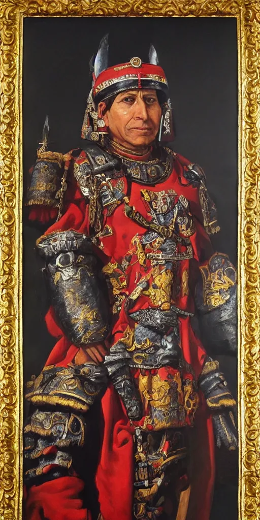 Prompt: Highly detailed and cinematic Renaissance period portrait oil painting of the Incan emperor Atahualpa!!! an oil painting ((masterpiece)) by ((Josep Tapiró Baró)), RPG portrait, dynamic lighting, 8K, Incan!! Inca symbols