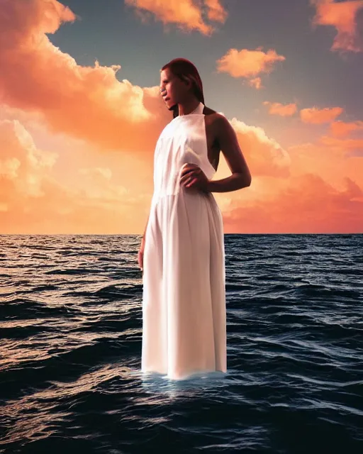 Prompt: a woman in a white dress standing in the water, an album cover by stanley twardowicz, trending on cg society, retrofuturism, retrowave, chillwave, synthwave
