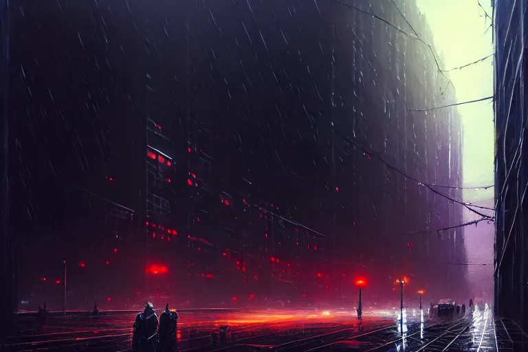 Image similar to gigantic cyberpunk megastructure, sidewalk, night, dramatic lighting, raining, chiaroscuro, high detail, painted by greg rutkowski, painted by igor kieryluk, painted by raymond swanland, trending on artstation