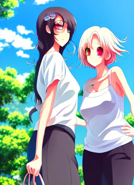 Image similar to two beautiful mature women under a blue sky, casual summer clothes, gorgeous faces, thick lines, cinematic lighting, detailed anime art