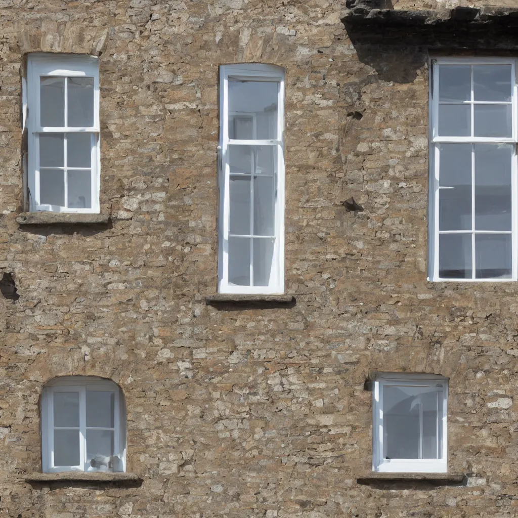 Image similar to single triangular or round sash window on a british wall, surprised and perplexed builders standing in front of it