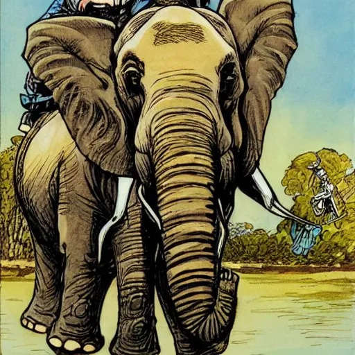 Prompt: elephant riding a motorcycle, art by rebecca guay