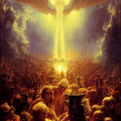 Image similar to alvah angelrune water portal to hell located in heaven, crowd of people, rule of thirds, 4 k, dark bright effect, highly detailed painting by gaston bussiere, craig mullins, j. c. leyendecker