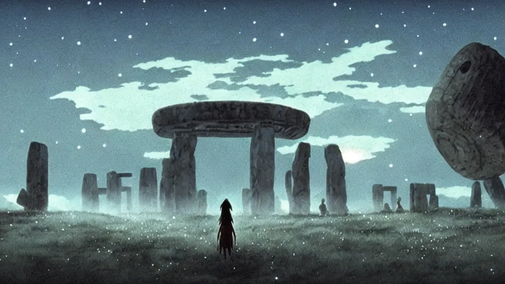 Prompt: a cell shaded cartoon movie still from princess mononoke ( 1 9 9 7 ) showing a giant ufo from independence day ( 1 9 9 6 ) over stonehenge. on a misty and starry night. very dull muted colors, hd, 4 k, hq