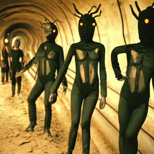 Image similar to cinematic photo of humans wearing realistic ant costumes in an underground unfinished dirt tunnel. several tunnel exits lead off in different directions. directed by david lynch. 3 5 mm film soft light, shadows, vhs copy film grain.