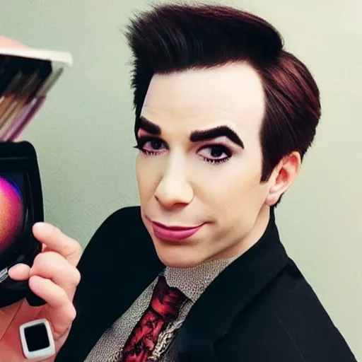 Prompt: “Saul Goodman as a beauty YouTuber making a video with James Charles about makeup”