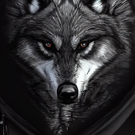 Image similar to Wolf dressing black hoodie, artstation, hyperdetailed, cgsociety,8k,