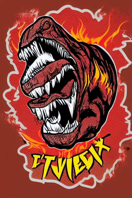 Image similar to Evil t-rex, the devil, sticker, blood thirsty, spawn of Satan, burning in hell, blood, evil, colorful, illustration, highly detailed, simple, smooth and clean vector curves, no jagged lines, vector art, smooth