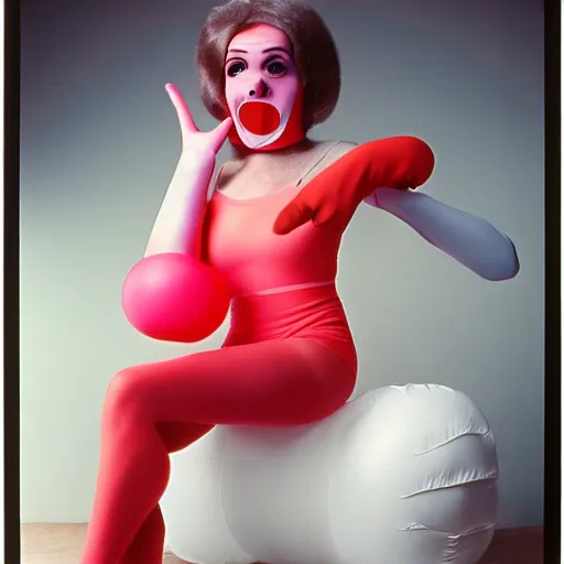 Image similar to 1976 woman wearing an inflatable plastic mouth, soft color,wearing a leotard 1976 holding an anthropomorphic finger, color film 16mm Almodovar John Waters Russ Meyer Doris Wishman old photo