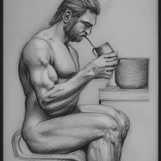 Image similar to zeus drinking tea in the olympus, pencil drawing