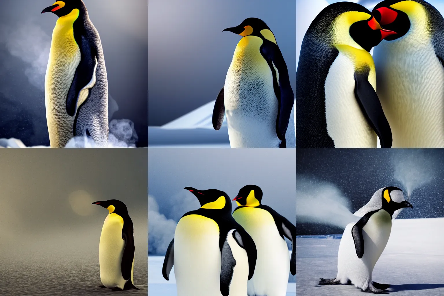 Prompt: ultra detailed octane render of an emperor penguin, volumetric lighting, post processing, after effects, smoke, shadows and natural lighting, dramatic pose, steam rising, snowy background, ultra high detail, ultra fine hair, ultra fine texture, hyper realistic,