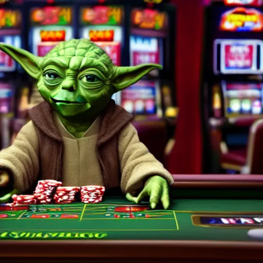Prompt: film still of yoda gambling in las vegas casino in the new star wars movie 4 k 8 k