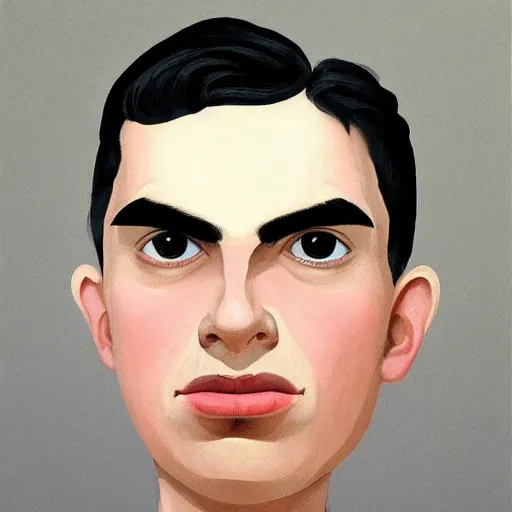 Image similar to a fine art portrait of a young man with black hair that is shorter on the sides, and asymmetrical eyebrows so that one eyebrow is bigger than the other eyebrow. Bags under his eyes. In the style of Stanley Kubrick and Wes Anderson, Art directed by Edward Hopper.
