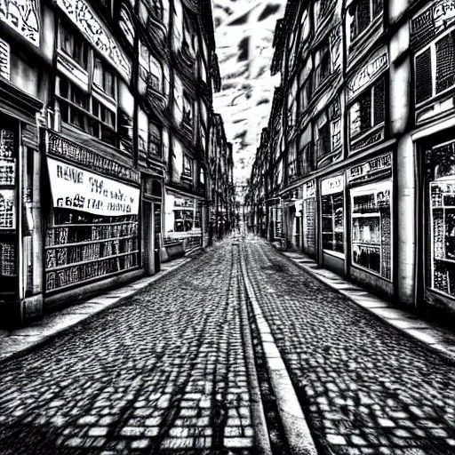 Prompt: black and white photo of street city, deep dream