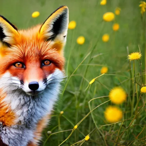 Image similar to A fox in a field of dandelions, golden hour, 50mm close up, beautiful, f/11, bokeh depth of field