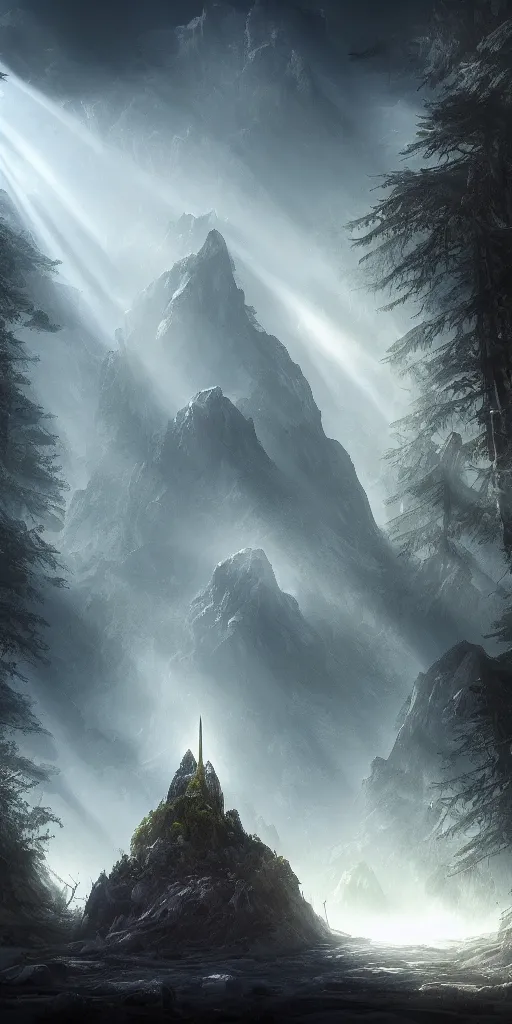 Prompt: a single tall mountain reaching from a void, an ecological gothic scene, a bewitching darkness, witch runes in the deep forest surrounding the sinkhole, magical clearing, sunshafts, dramatic lighting, dust motes floating in the sunlight, 4 k concept art