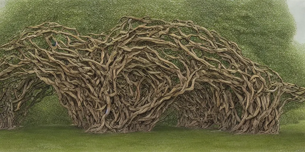Image similar to Artwork by John Howe of Eight different trees twisted together to create a shelter underneath.