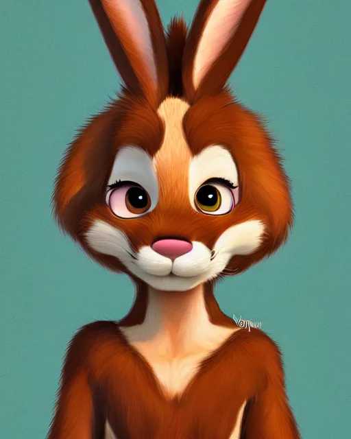 Image similar to digital painting full body of anthropomorphic furry female rabbit, brown fur, in style of zootopia, female fursona, furry, furaffinity, 4 k, deviantart, furry art, fursona art, rabbit fursona, female, cute detailed feminine face,