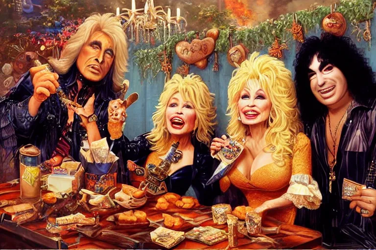 Image similar to dolly parton sharing baked beans with paul stanley in kiss makeup, an oil painting by ross tran and thomas kincade