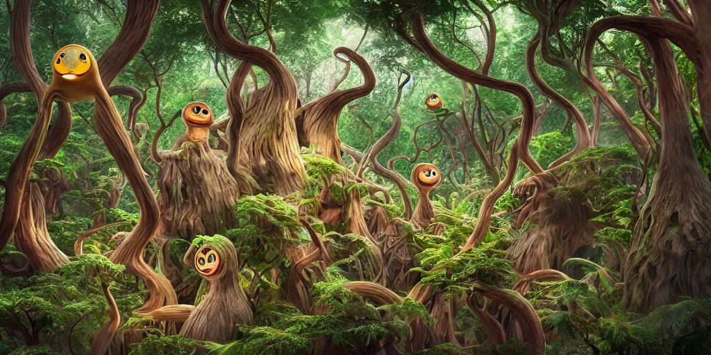 Image similar to of an intricate forest with strange cute friendly happy creatures with huge eyes, mouth, long tongue, round teeth and goofy face, appearing from the background, in the style of gehry and gaudi, macro lens, shallow depth of field, ultra detailed, digital painting, trending artstation, concept art, illustration, cinematic lighting, photorealism, epic, octane render