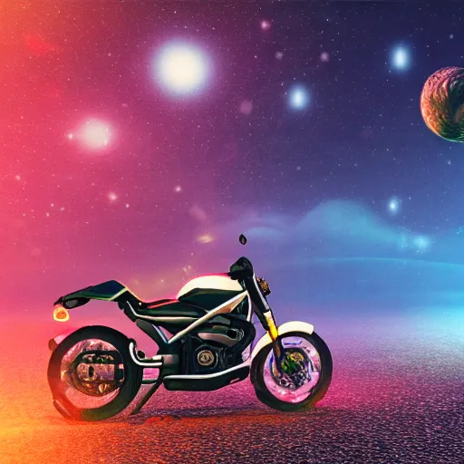 Prompt: a motorcycle floating in space inside magic colorful glowing fog, starry sky, tranquil, desolate, atmospheric, hazy, autochrome, 8k, octane render, unreal engine 5