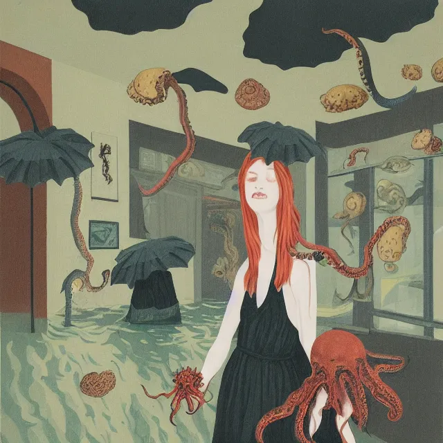 Image similar to tall female emo artist holding an octopus in a flooded cafe, bagels, pigs, water gushing from ceiling, painting of flood waters inside a cafe, a river flooding indoors, pomegranates, pigs, ikebana, water, octopus, river, rapids, waterfall, black swans, zen, canoe, berries, acrylic on canvas, surrealist, by magritte and monet