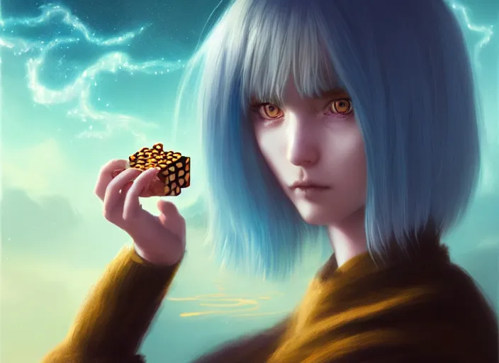 Prompt: rimuru tempest playing go, with amber eyes of golden colored eyes, straight hair, sky blue hair, long bangs, high collar, concept art, award winning photography, digital painting, cinematic, wlop, 8 k, by ross tran, tom bagshaw, andy warhol