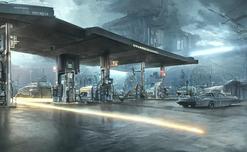 Image similar to Gas station, hyperrealistic mixed media, stunning 3d render inspired art by P. Craig Russell and Barry Windsor-Smith + perfect facial symmetry + dim volumetric lighting, 8k octane beautifully detailed render, post-processing, extremely hyperdetailed, intricate futuristic mechanic parts, epic composition, grim yet sparkling atmosphere, cinematic lighting + masterpiece, trending on artstation
