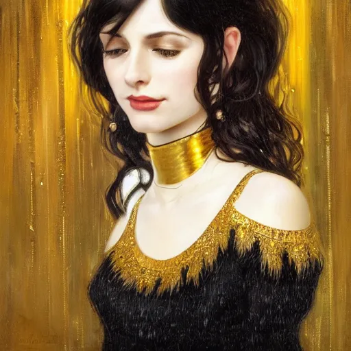 Image similar to portrait of a smiling, beautiful, pale skin eastern european female with long black hair, dark brown eyes, elegant clothing, photorealistic, highly detailed, artstation, smooth, sharp focus, gold ornaments, neon lighting, sci - fi, art by gustav klimt, artgerm, greg rutkowski and alphonse mucha