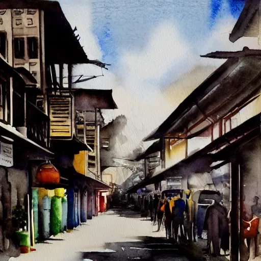 Prompt: singapore katong shophouses street scene, highly detailed, contemporary watercolor, smooth, by joseph zbikowicz, 8 k