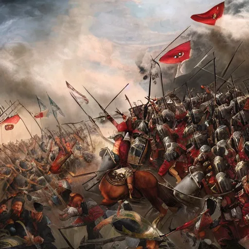 Image similar to The fall of Constantinople, battle of 1453, conquest by Sultan Mehmed II, Ottoman Empire, soldiers charging into battle, super detailed, 4k cinematic, cgsociety, trending on ArtStation