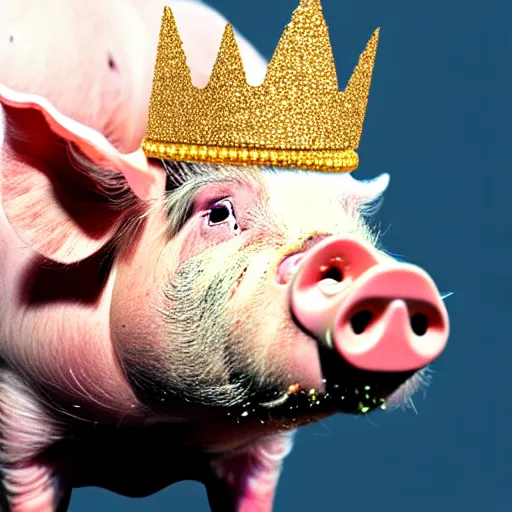 Image similar to pig wearing a gold crown eating a pork rind 8k resolution
