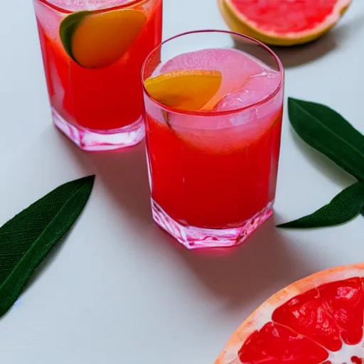Prompt: Sunlight shining through a red and pink gradient drink with grapefruit wedges and sage in hexagonal glass on a white table.