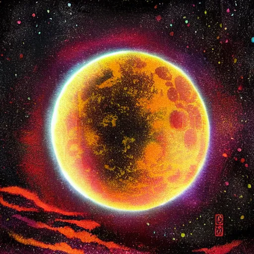 Prompt: nuclear blast moon eclipse, sci - fi, wet brush, poster art, illustrated in the style of joshy sly