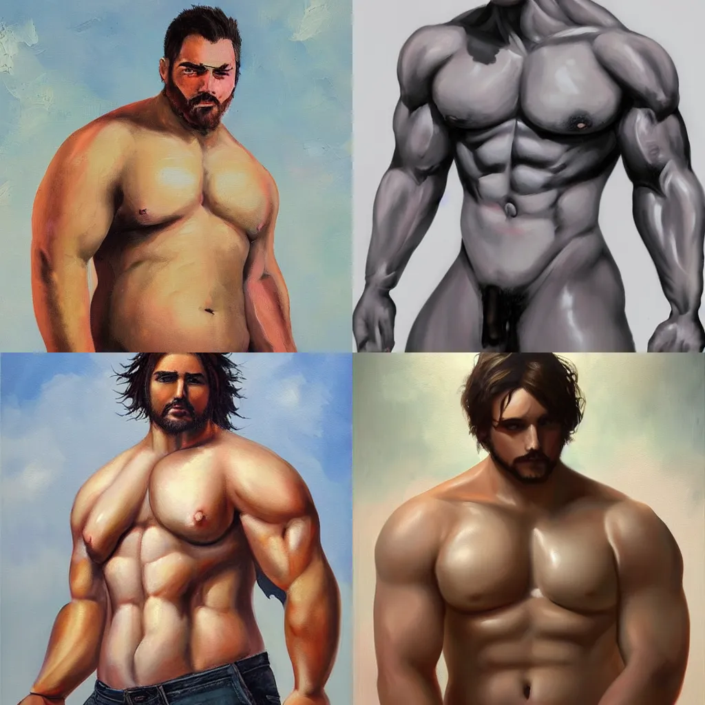 Prompt: a beautiful painting of a barechested man, thicc build, trending on artstation